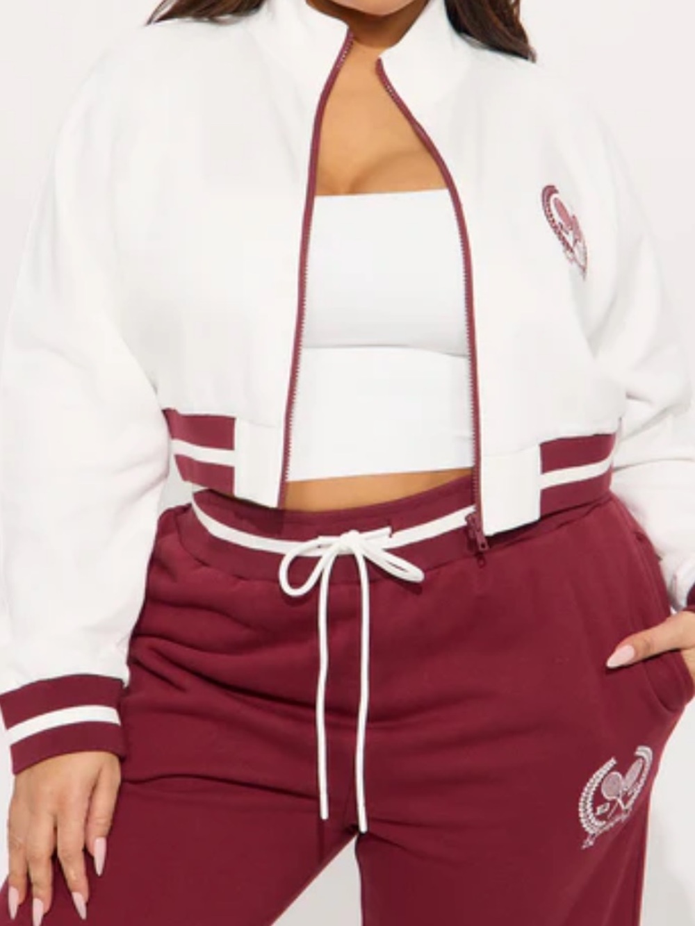 Cropped White and Maroon Track Jacket and Joggers Set